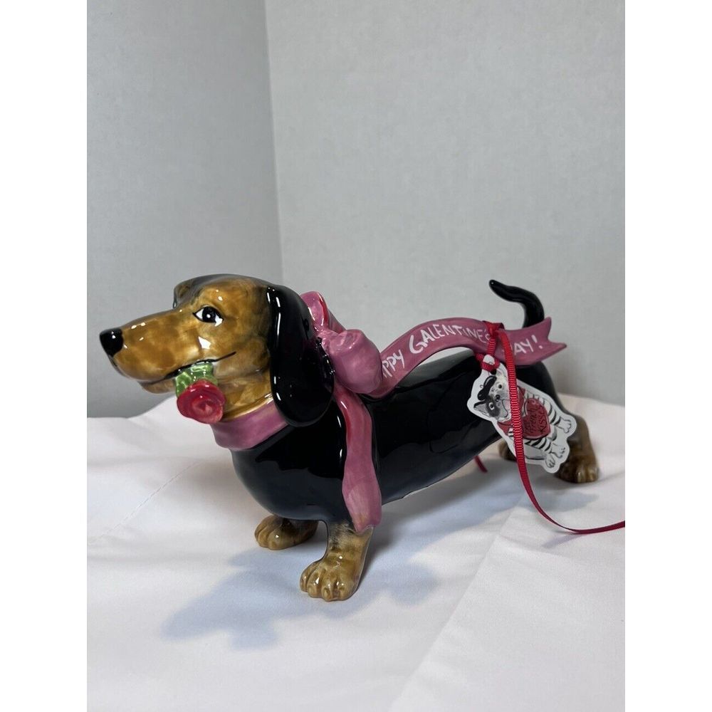 NWT Dachshund Dog Blue Sky Clayworks Happy Galentine's Day! Valentine Bow Rose